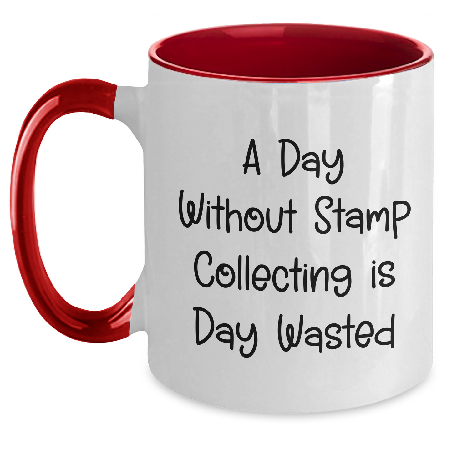 Funny Stamp Collecting Gifts for Men from Family - Two Tone Coffee Mug, 'A Day Without Stamp Collecting Is Day Wasted' Quote, Father's Day Unique Gifts - Main