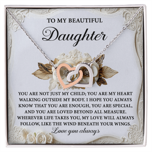 Daughter, Beneath My Wings Interlocking Hearts Necklace - Keepsake Gift