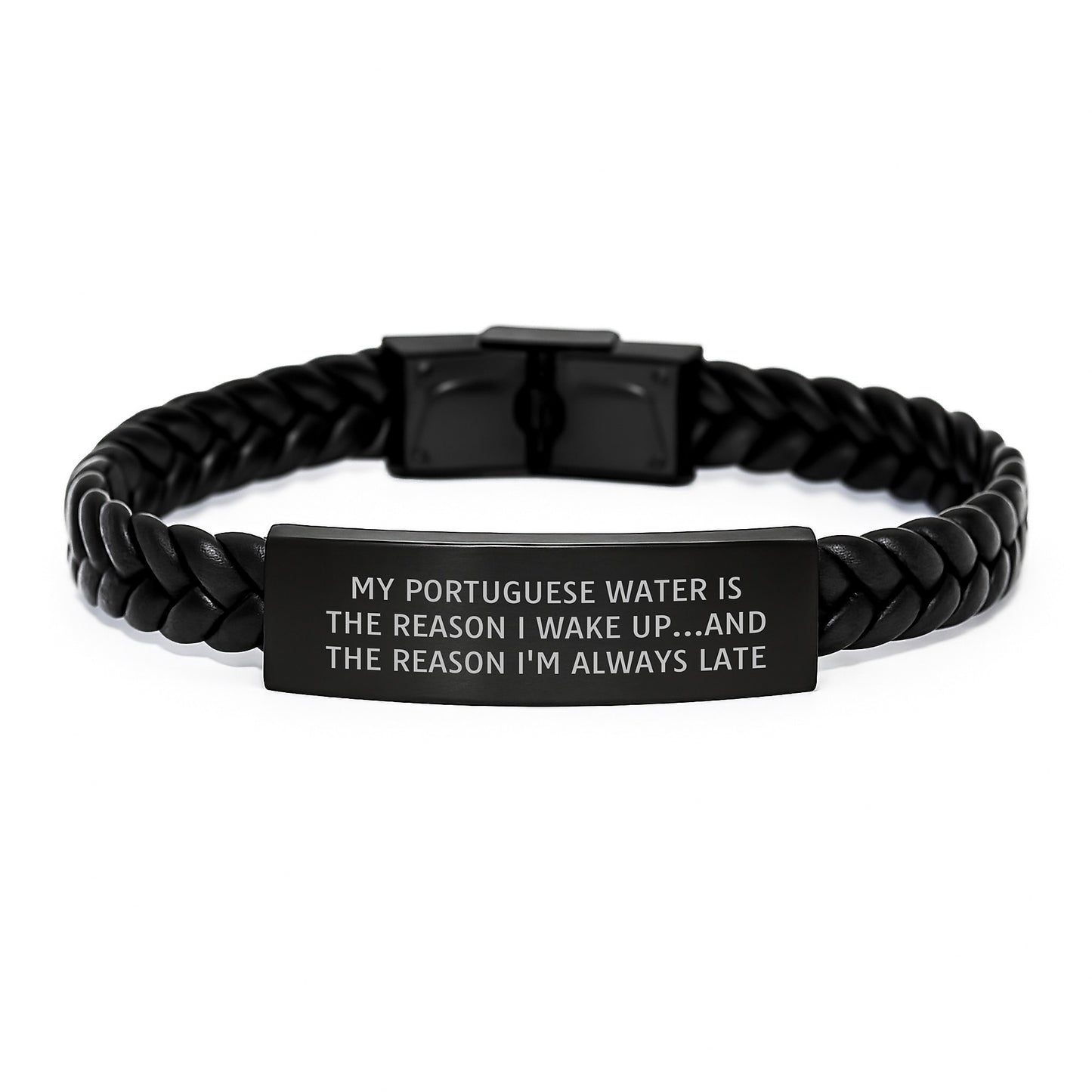 Funny Portuguese Water Dog Gifts from Friends - My Portuguese Water Is The Reason I'm Late, Interlaced Leather Birthday Unique Gift for Her or Him - Image 1