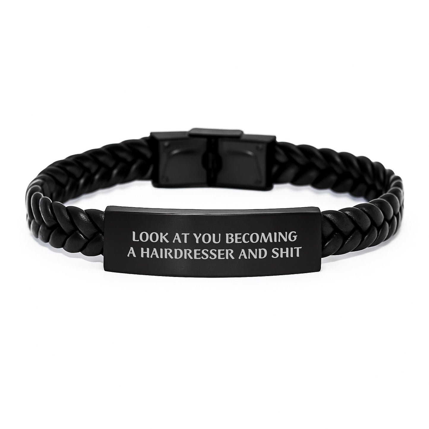 Funny Hairdresser Gift Ideas for Him or Her - Unique Interlaced Leather Bracelet with Engraved Stainless Steel, Gifts from Friends, Family, or Coworkers to Hairdresser for Christmas - Image 1