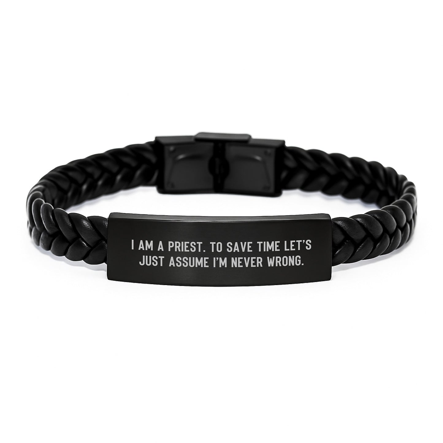 Funny Priest Gifts for Men, Christmas Unique Presents from Friends to Priest, Interlaced Leather Bracelet with Stainless Steel, I'm Never Wrong Quote - Image 1