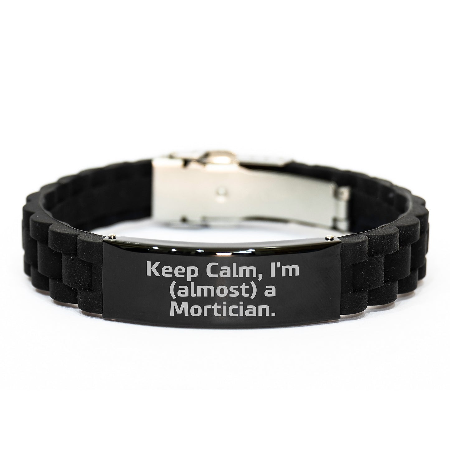 Mortician Humor Gifts from Friends, Gifts for Mortician, Keep Calm I'm (almost) A Mortician. Glide lock Clasp Adjustable Black Stainless Steel Silicone Graduation Unique Gifts - Image 1