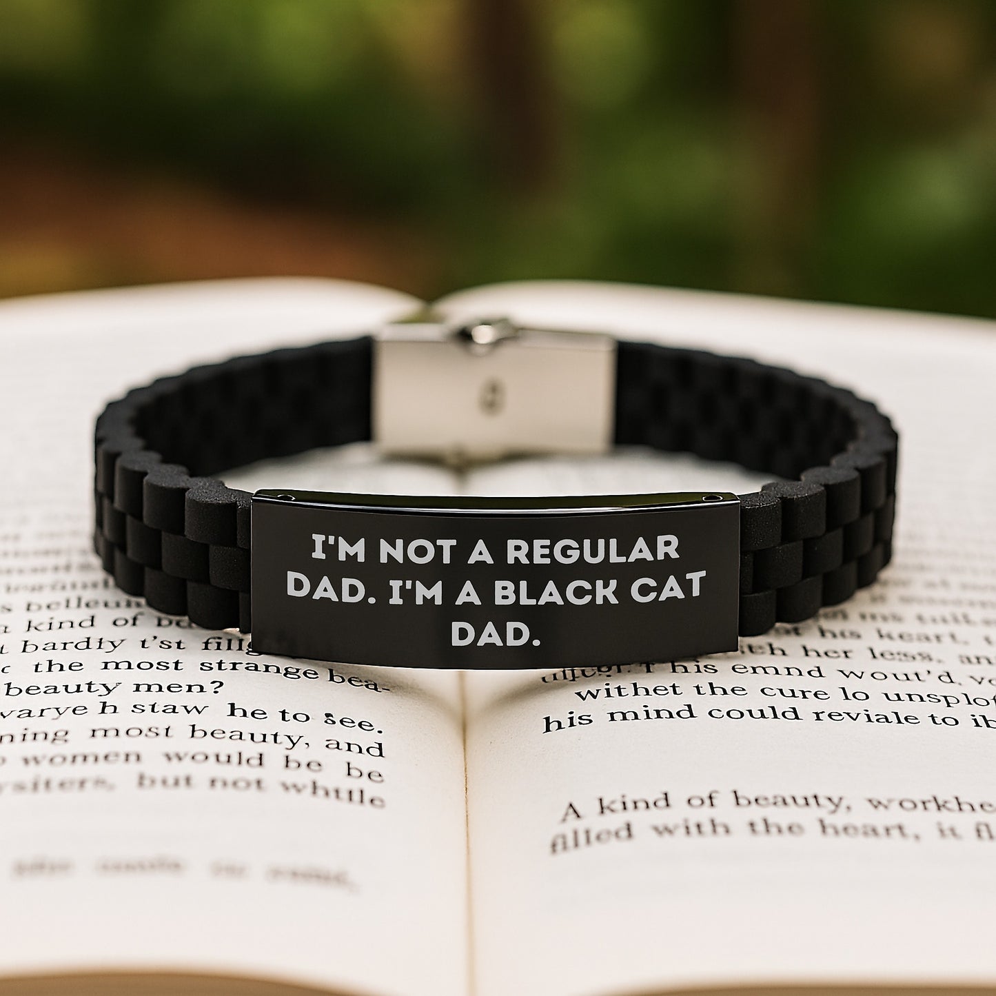Funny Black Cat Dad Gift for Men - Glide lock Clasp Adjustable Silver Black Stainless Steel Silicone Black Cat Lover Graduation Unique Gifts from Dad to Son - Image 2