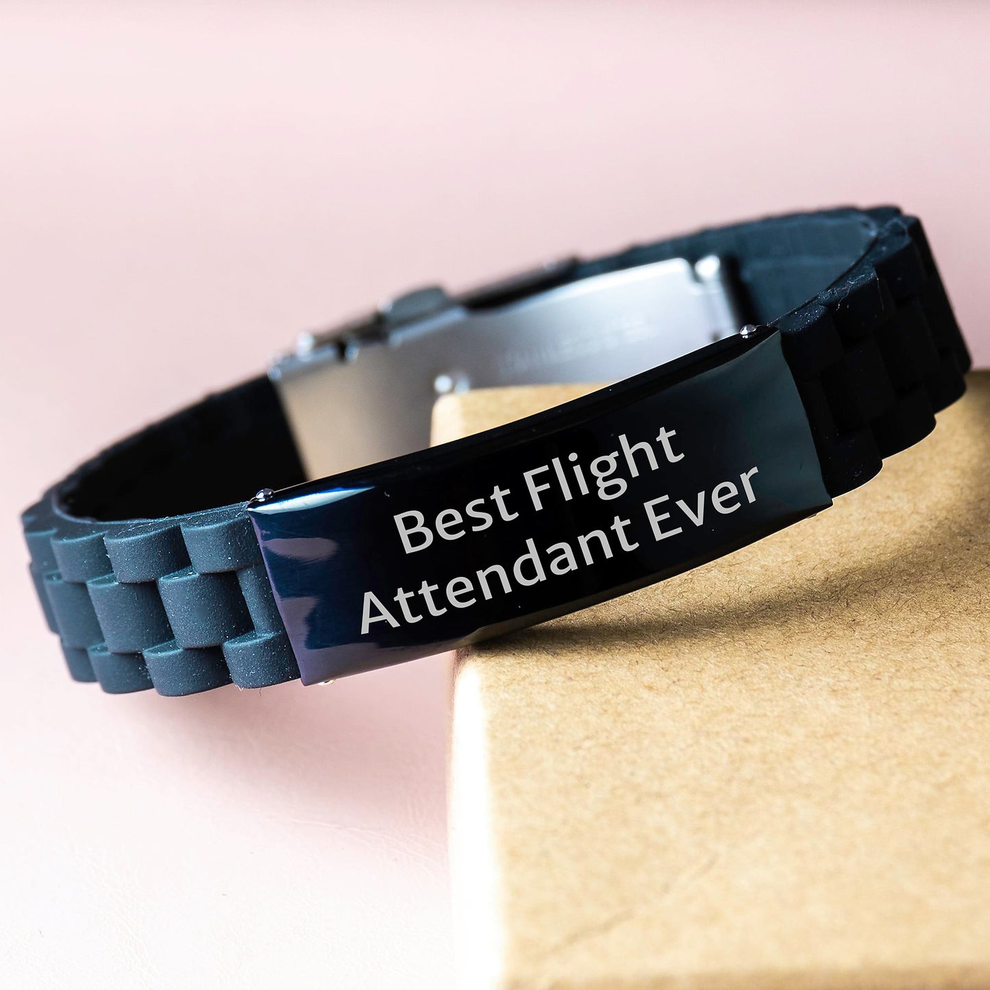 Funny Flight Attendant Gifts from Friends to Best Flight Attendant Ever, Graduation Unique Gifts with Glide lock Clasp Bracelet, Silver, Black Stainless Steel, and Silicone - Image 3