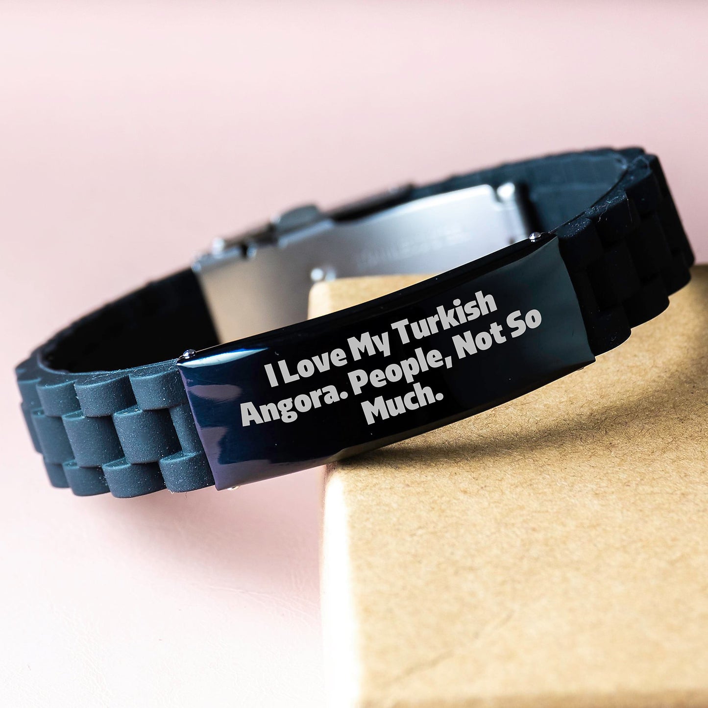 Turkish Angora Cat Gifts from Friends for Graduation Unique Favors, 'I Love My Turkish Angora. People, Not So Much.' Quote on Glide lock Clasp Black Stainless Steel Adjustable Bracelet - Image 3
