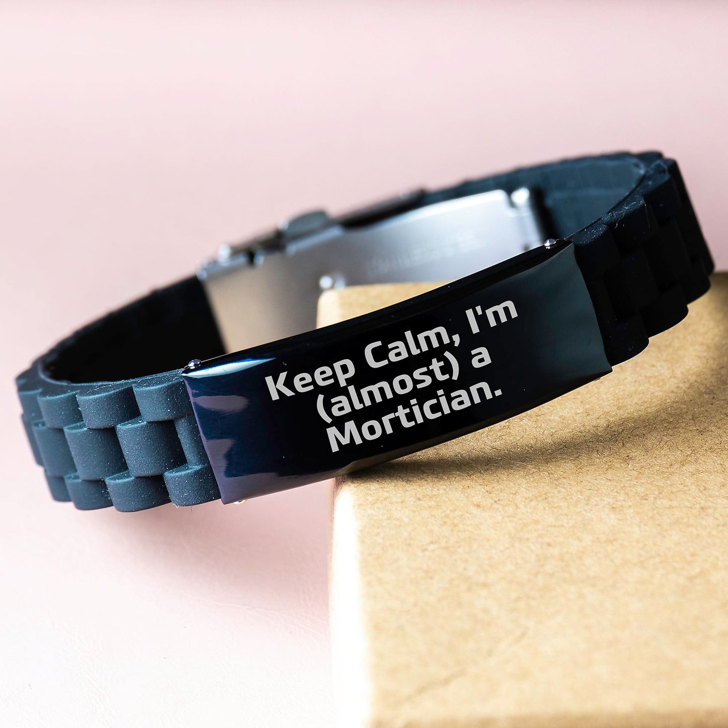 Mortician Humor Gifts from Friends, Gifts for Mortician, Keep Calm I'm (almost) A Mortician. Glide lock Clasp Adjustable Black Stainless Steel Silicone Graduation Unique Gifts - Image 3