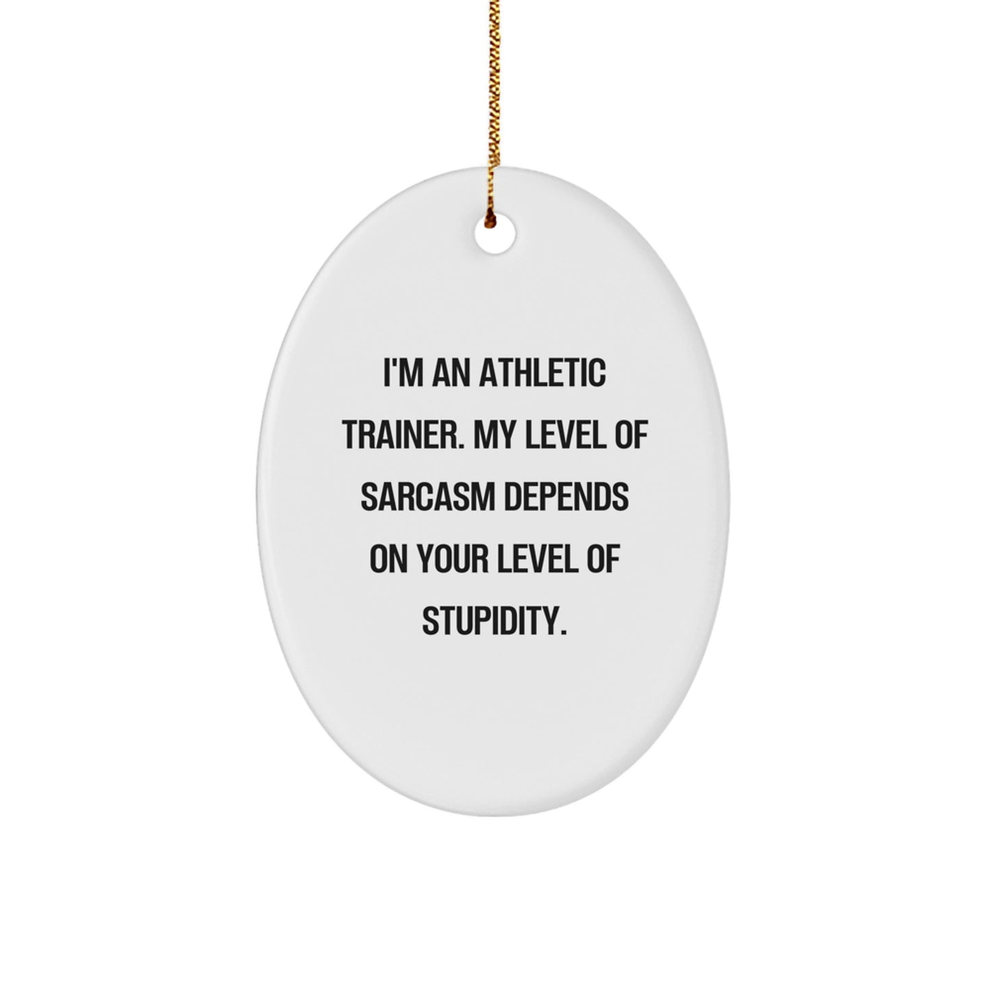 Funny Athletic Trainer Gifts from Friends for Christmas, Oval Ornament, I'm An Athletic Trainer. My Level Of Sarcasm Depends On Your Level Of Stupidity. - Image 1