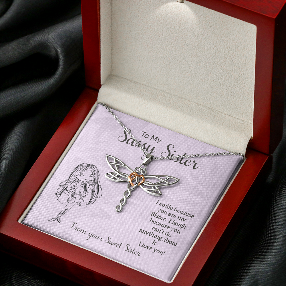 Sister Necklace Gift, I Smile Because You're My Sister, For Sister, Bonus Sister, Birthday, Valentines, Birthday, From Sister Bonus Sister, Dragonfly Rose Gold Heart