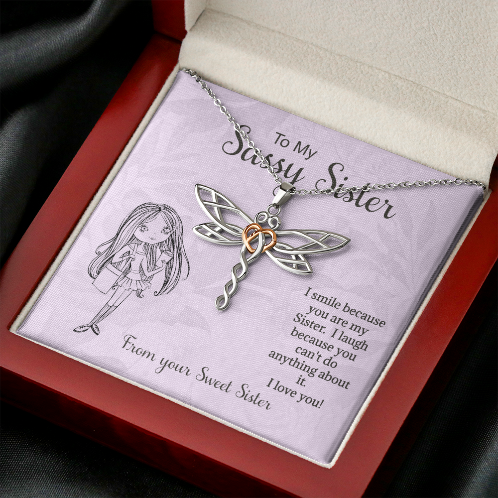 Sister Necklace Gift, I Smile Because You're My Sister, For Sister, Bonus Sister, Birthday, Valentines, Birthday, From Sister Bonus Sister, Dragonfly Rose Gold Heart