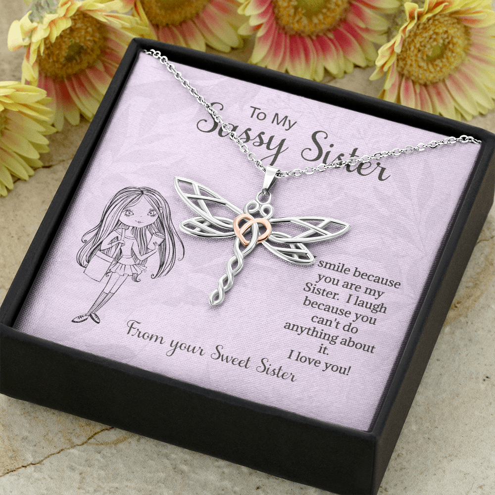 Sister Necklace Gift, I Smile Because You're My Sister, For Sister, Bonus Sister, Birthday, Valentines, Birthday, From Sister Bonus Sister, Dragonfly Rose Gold Heart