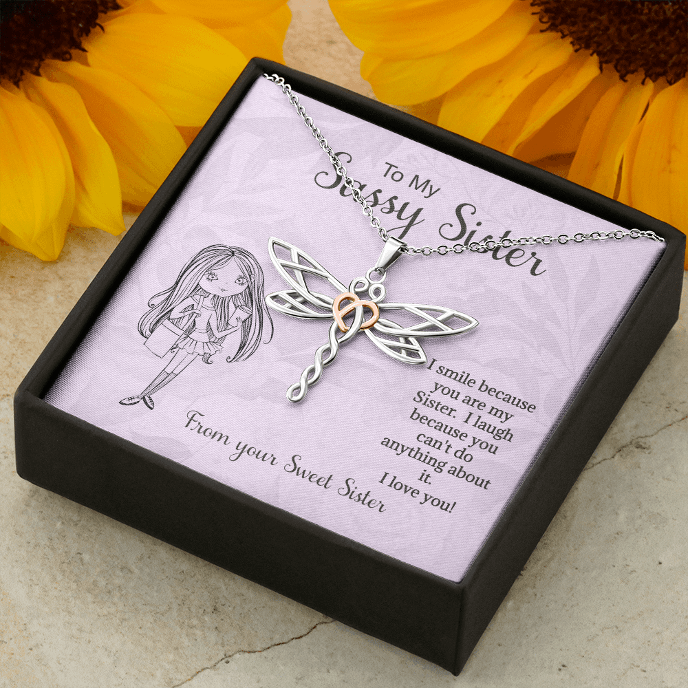 Sister Necklace Gift, I Smile Because You're My Sister, For Sister, Bonus Sister, Birthday, Valentines, Birthday, From Sister Bonus Sister, Dragonfly Rose Gold Heart