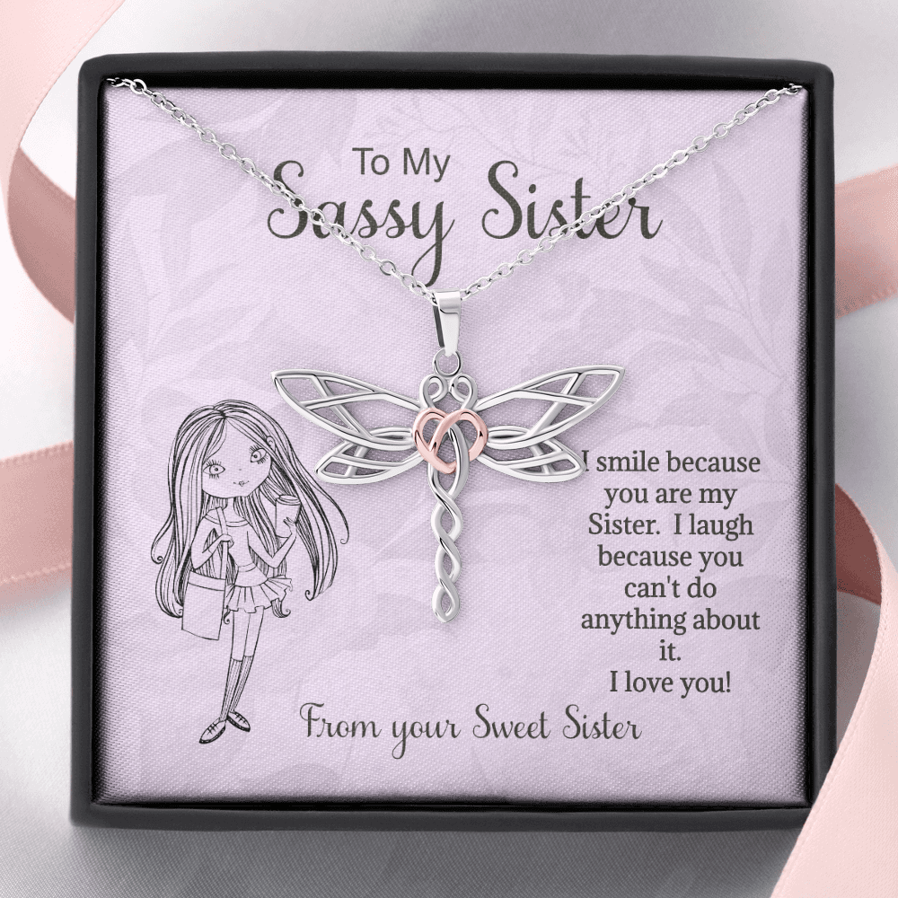 Sister Necklace Gift, I Smile Because You're My Sister, For Sister, Bonus Sister, Birthday, Valentines, Birthday, From Sister Bonus Sister, Dragonfly Rose Gold Heart