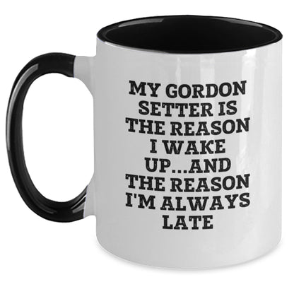 Funny Gordon Setter Dog Gifts from Friends, Cute Two Tone Coffee Mugs for Men, Birthday Unique Gifts with 'My Gordon Setter Is The Reason I Wake Up...and The Reason I'm Always Late' - Main