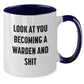 Funny Warden Gifts for Men from Family - Two Tone Coffee Mug with 'Look At You Becoming A Warden And Shit' Quote - Christmas Unique Gifts - Additional