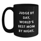 Funny Judge Gifts for Men, Women, Friends - Black Coffee Mug - 'Judge By Day, World's Best Mom By Night.' - Main