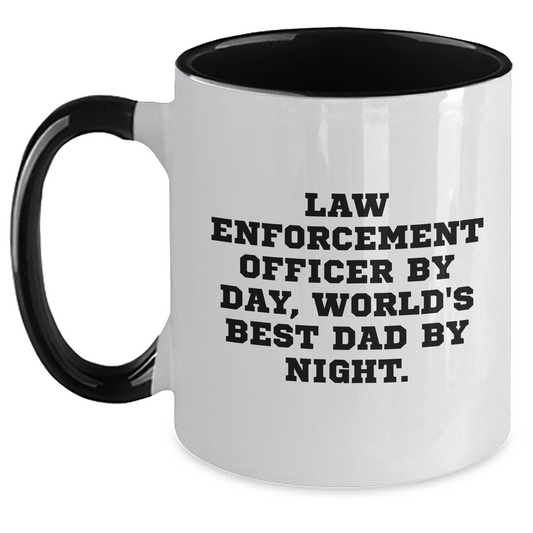 Funny Law Enforcement Officer Gifts from Dad - Two Tone Coffee Mug, Quote: 'Law Enforcement Officer By Day, World's Best Dad By Night.', Father's Day Unique - Main