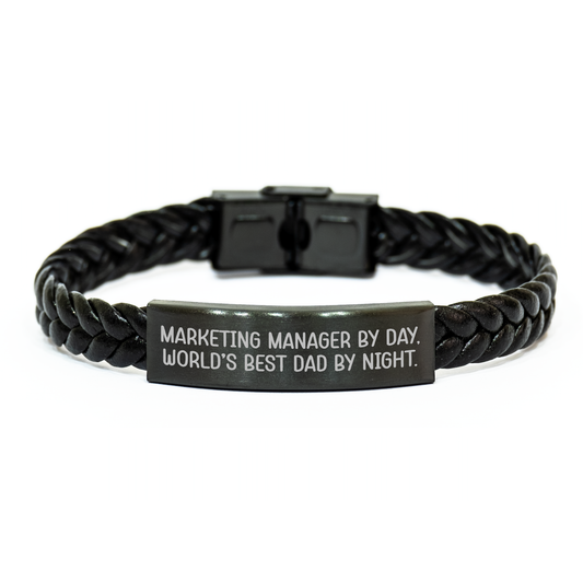 Marketing Manager by Day, World's Best Dad by Night Interlaced Leather Bracelet, Gifts from Dad for Marketing Manager, Unique Father's Day Unique Gift - Image 1