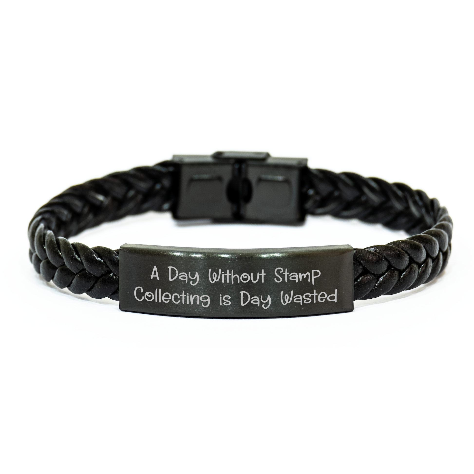 Funny Stamp Collecting Gifts from Friends, 'A Day Without Stamp Collecting Is Day Wasted', Interlaced Leather Men's Bracelet for Stamp Collecting Enthusiasts - Image 1