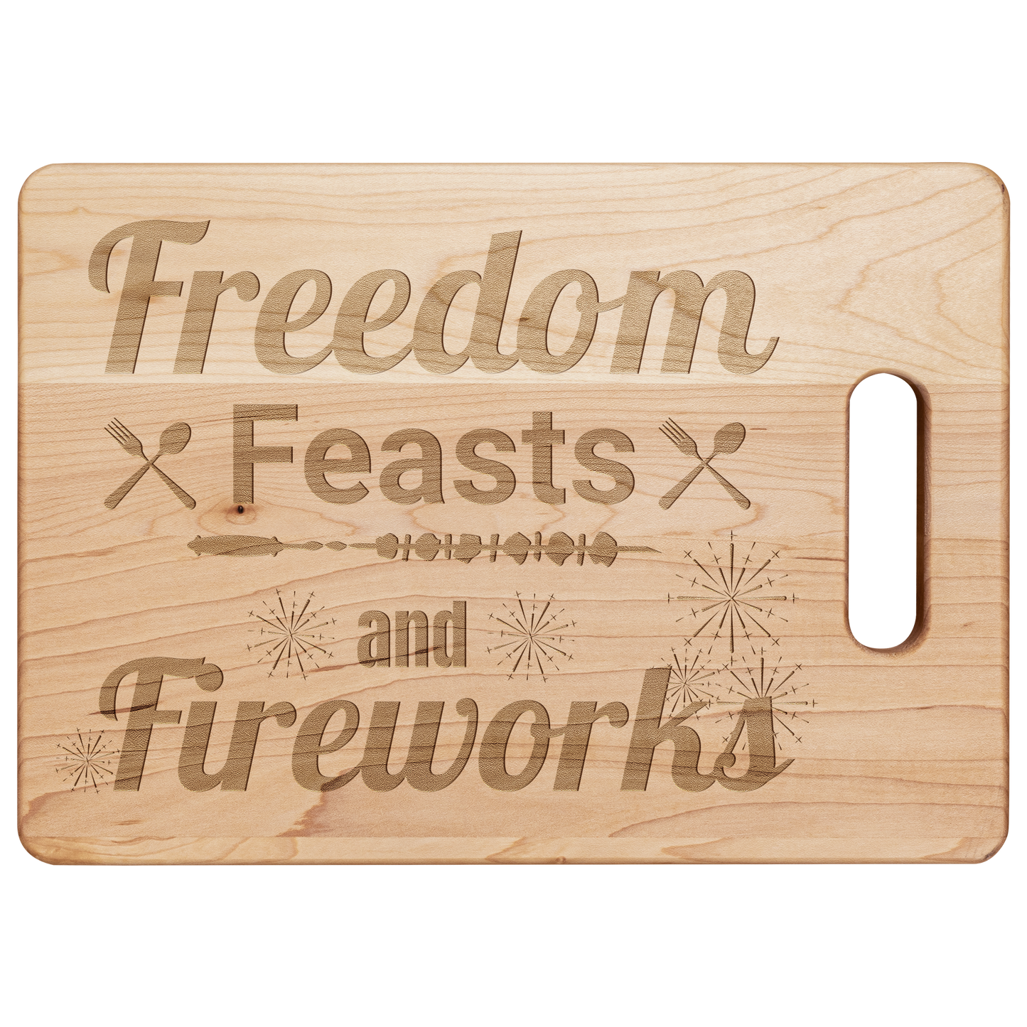 Cutting Board, Freedom Feasts & Fireworks 4th of July Wooden BBQ & Charcuterie Serving Board, Patriotic Independence Day Kitchen Decor