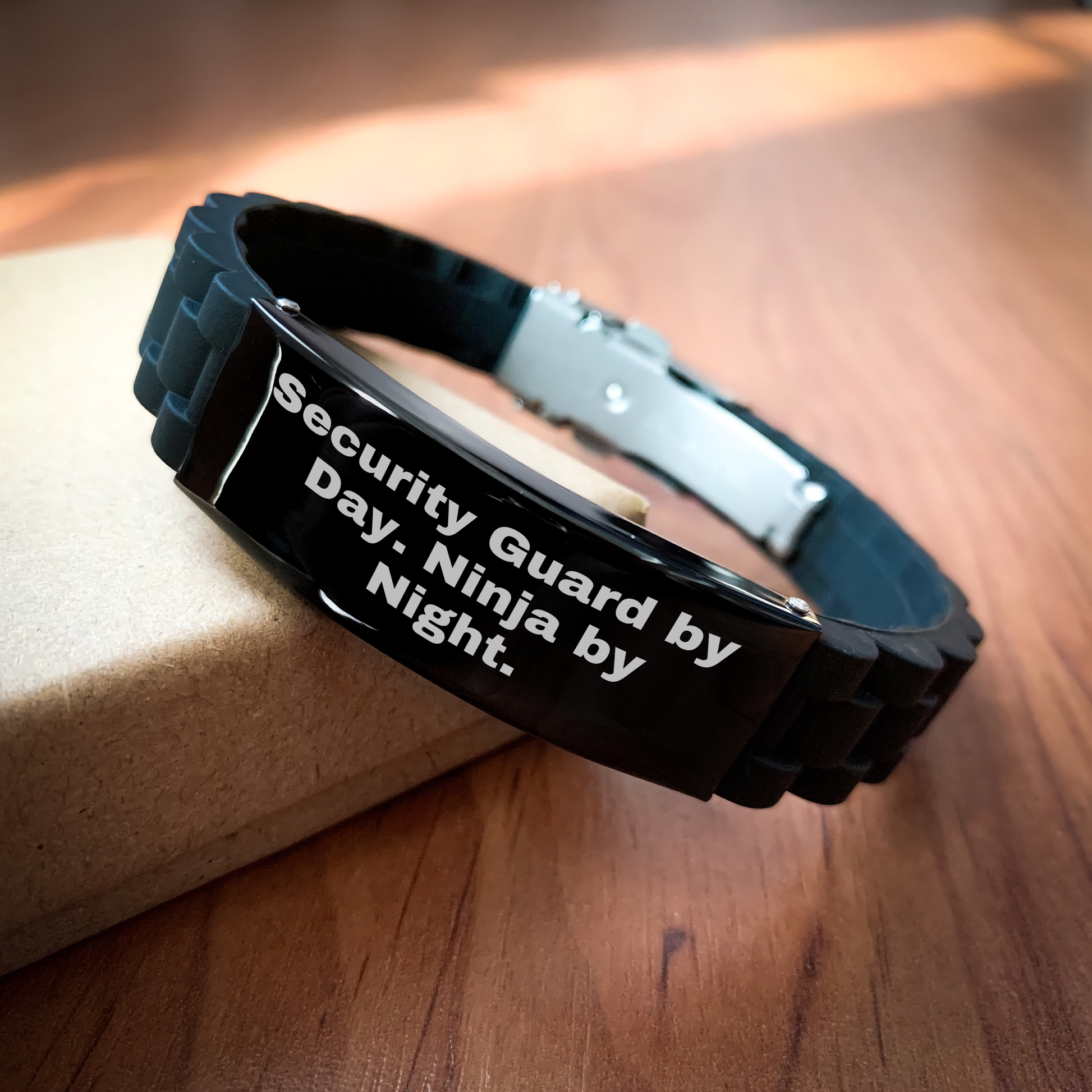 Security Guard By Day, Ninja By Night - Funny Quote Glide lock Clasp Black Stainless Steel Silicone Adjustable Gift for Men or Women from Friends, Family, Co-workers for Graduation Unique Gifts - Image 2