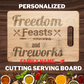 Cutting Board, Freedom Feasts & Fireworks 4th of July Wooden BBQ & Charcuterie Serving Board, Patriotic Independence Day Kitchen Decor