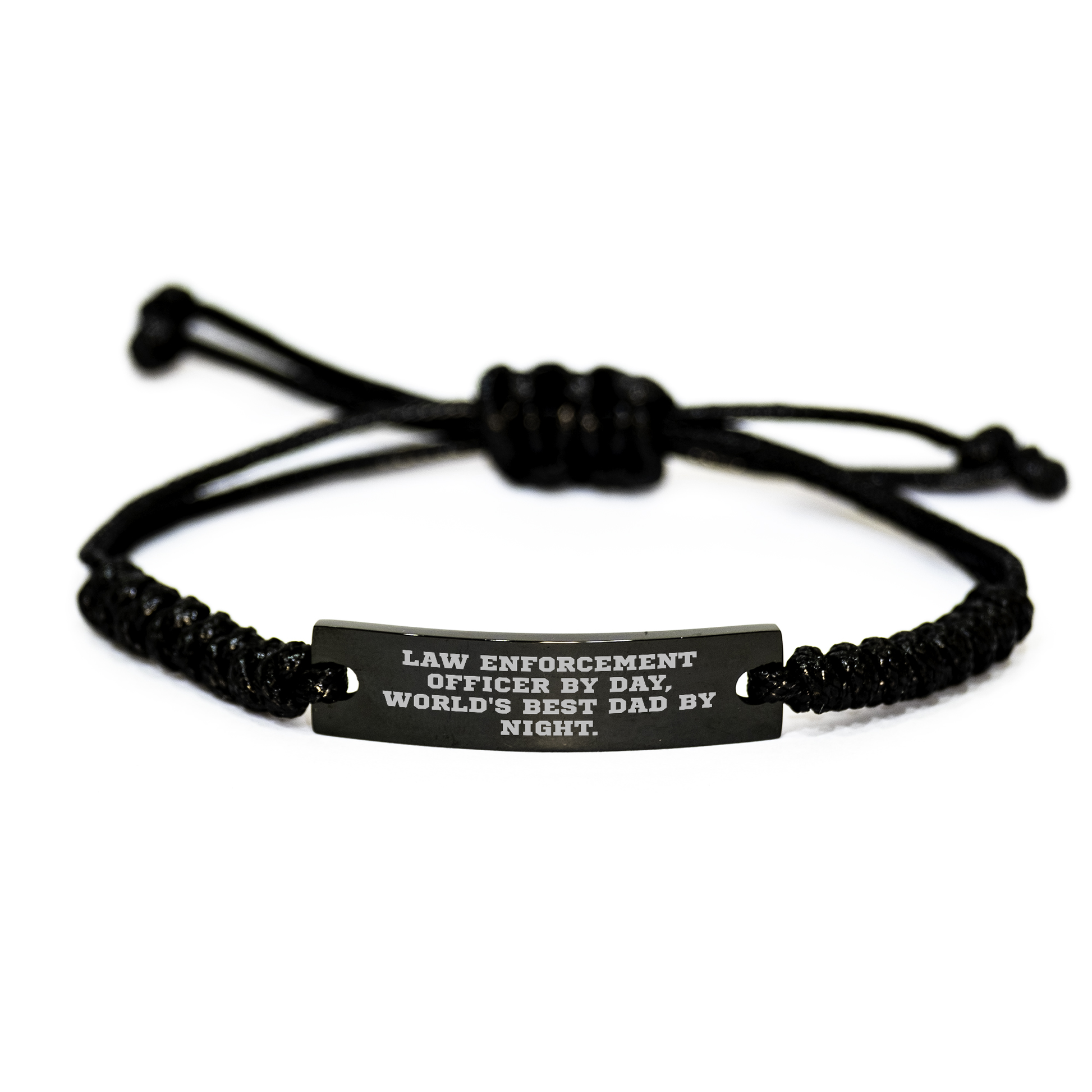 Law Enforcement Officer By Day, World's Best Dad By Night. Funny Rope Bracelet Gifts from Men to Law Enforcement Officer on Father's Day, Adjustable Rope, Black Color, Engraved Stainless Steel - Image 1