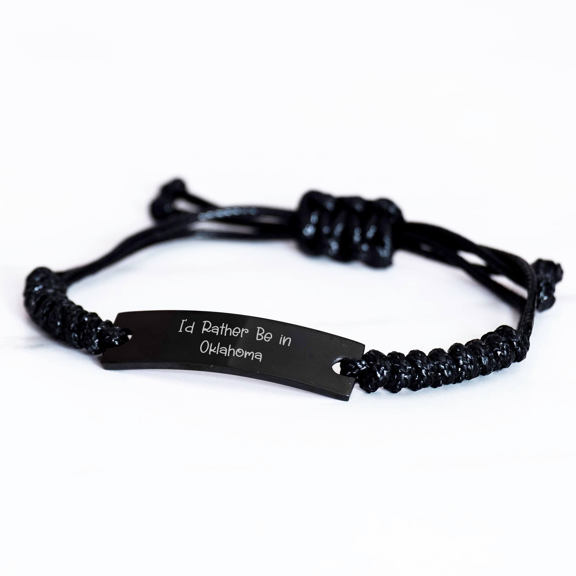 'I'd Rather Be In Oklahoma' Rope Bracelet, Adjustable Oklahoma Gifts from Friends to Family for Father's Day, Inspirational Quote Engraved on Black Stainless Steel with Interlaced Rope - Image 2
