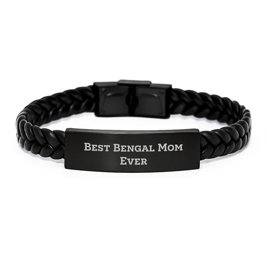 Bengal Cat Mom Gifts from Men to Women Friends on Valentine's - 'Best Bengal Mom Ever' Interlaced Leather Bracelet - Image 1