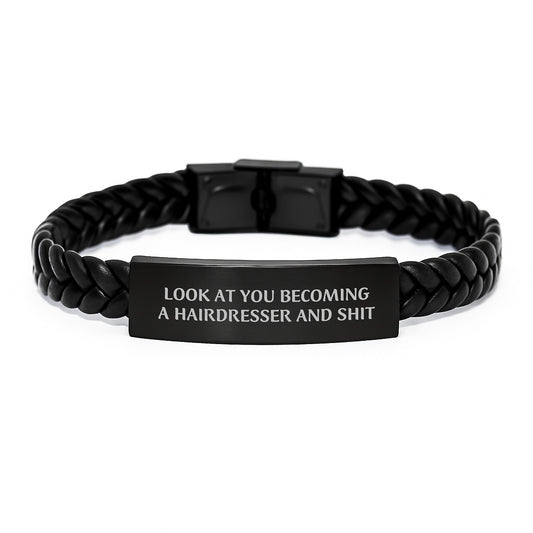 Funny Hairdresser Gift Ideas for Him or Her - Unique Interlaced Leather Bracelet with Engraved Stainless Steel, Gifts from Friends, Family, or Coworkers to Hairdresser for Christmas - Image 1