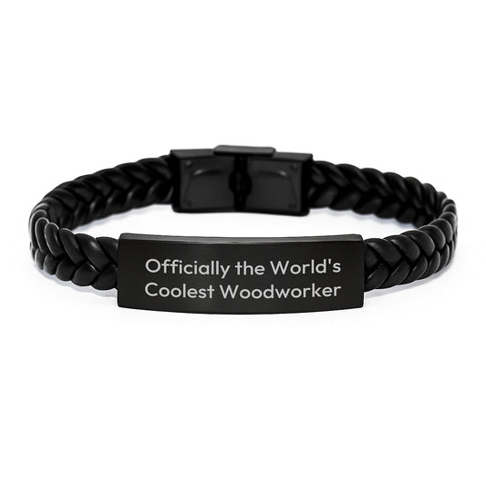 Unique Gifts for Woodworker Men, Funny Interlaced Leather Bracelet, Officially The World's Coolest Woodworker - Image 1
