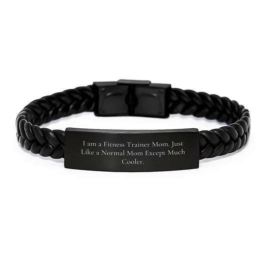 Funny Fitness Trainer Mom Gifts, Christmas Unique Gift for Fitness Trainer Men Women Friends, Interlaced Leather Bracelet, Engraved Stainless Steel Durability, Fitness Trainer Mom Quote - Image 1