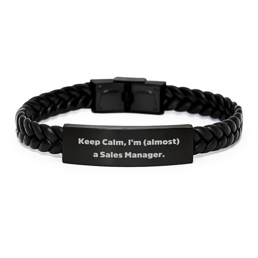 Funny Sales Manager Gifts, 'Keep Calm, I'm (almost) A Sales Manager.' Interlaced Leather Bracelet for Birthday, Gifts from Friends, Coworkers, or Family, Sales Manager's Unique Accessories - Image 1