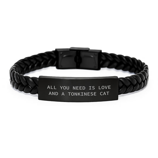 Tonkinese Cat Gifts, Funny Quote Interlaced Leather Bracelet, Gifts from Friends for Graduation Unique Gifts, All You Need is Love, 7.87" stainless steel and PU leather - Image 1