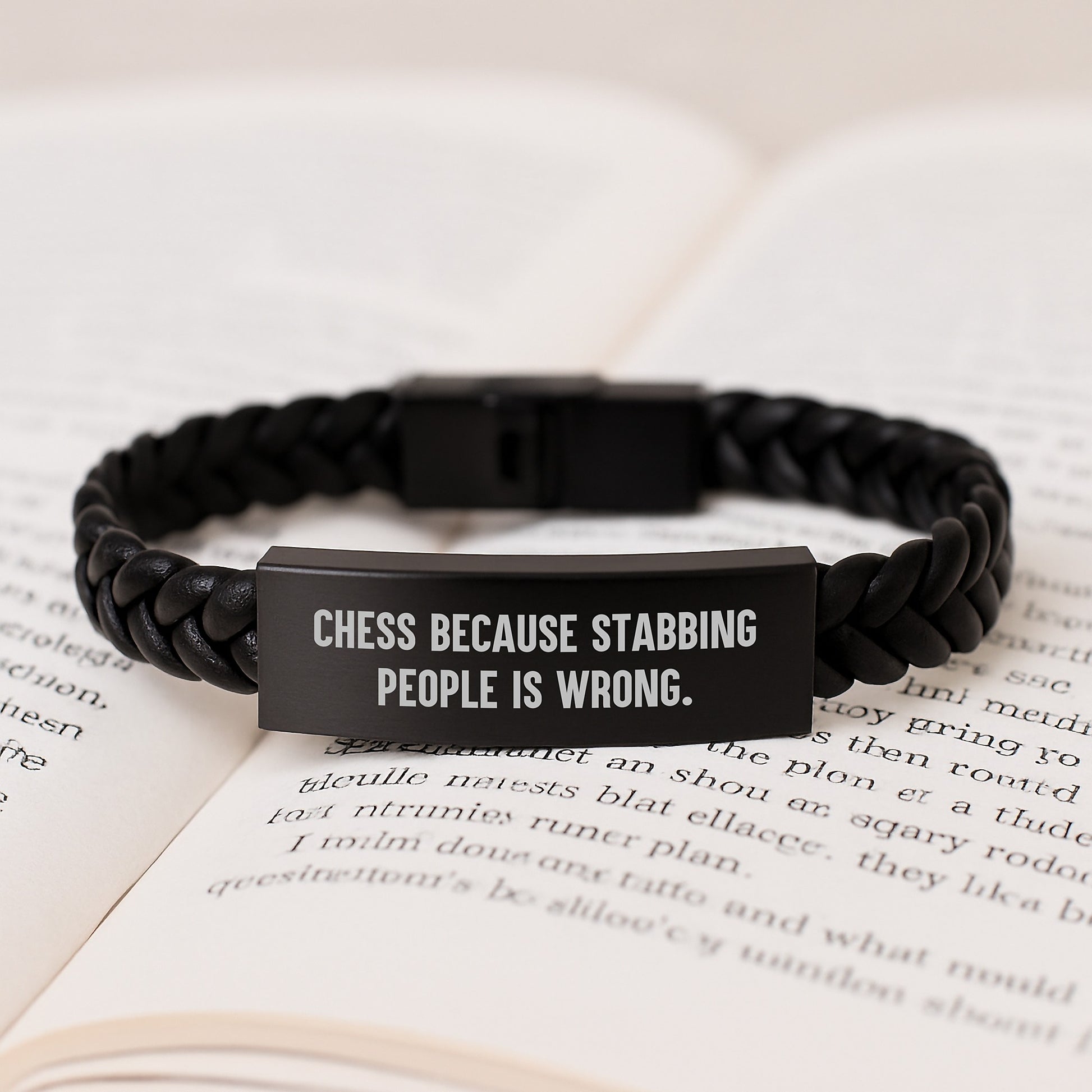 Funny Chess Gifts for Men from Friends, Interlaced Leather Bracelet with Quote 'Chess Because Stabbing People Is Wrong.' for Birthday Unique Gifts - Image 3