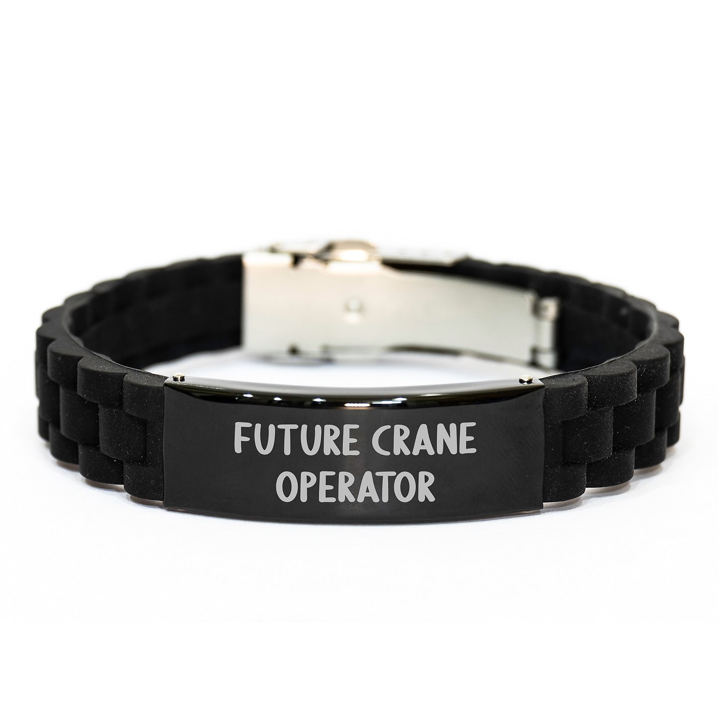 Funny Inspirational Quotes for Future Crane Operator Valentine's Unique Gifts from Men - Glide lock Clasp Bracelet for Him - Adjustable Black Metal and Silicone - Image 1