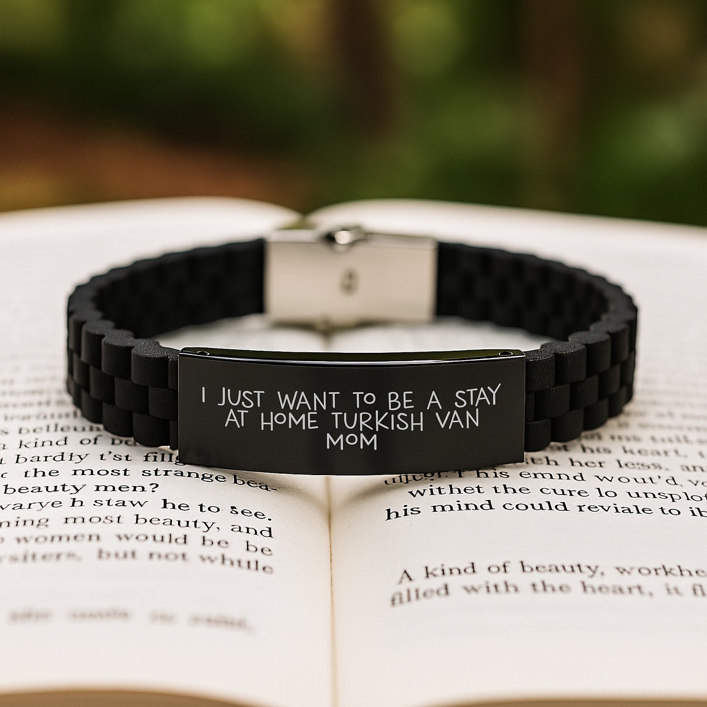 Turkish Van Cat Mom Gifts from Family for Christmas Unique Glide lock Clasp Bracelet, Black Stainless Steel, Adjustable for Stay At Home Mom, Funny Quote - Image 2