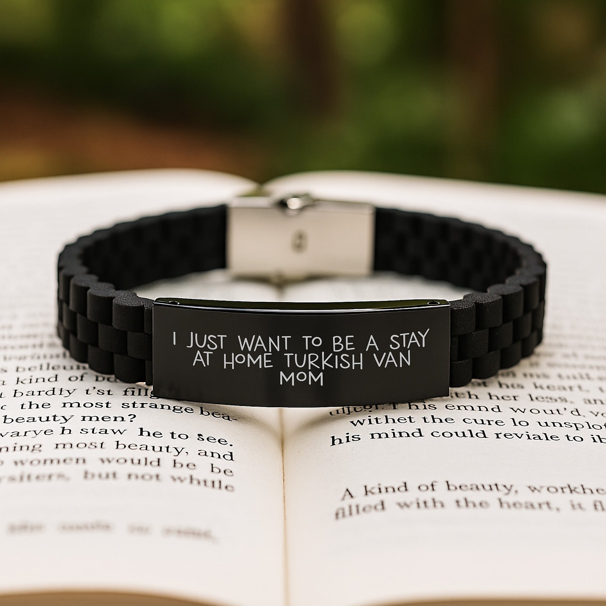 Turkish Van Cat Mom Gifts from Family for Christmas Unique Glide lock Clasp Bracelet, Black Stainless Steel, Adjustable for Stay At Home Mom, Funny Quote - Image 2