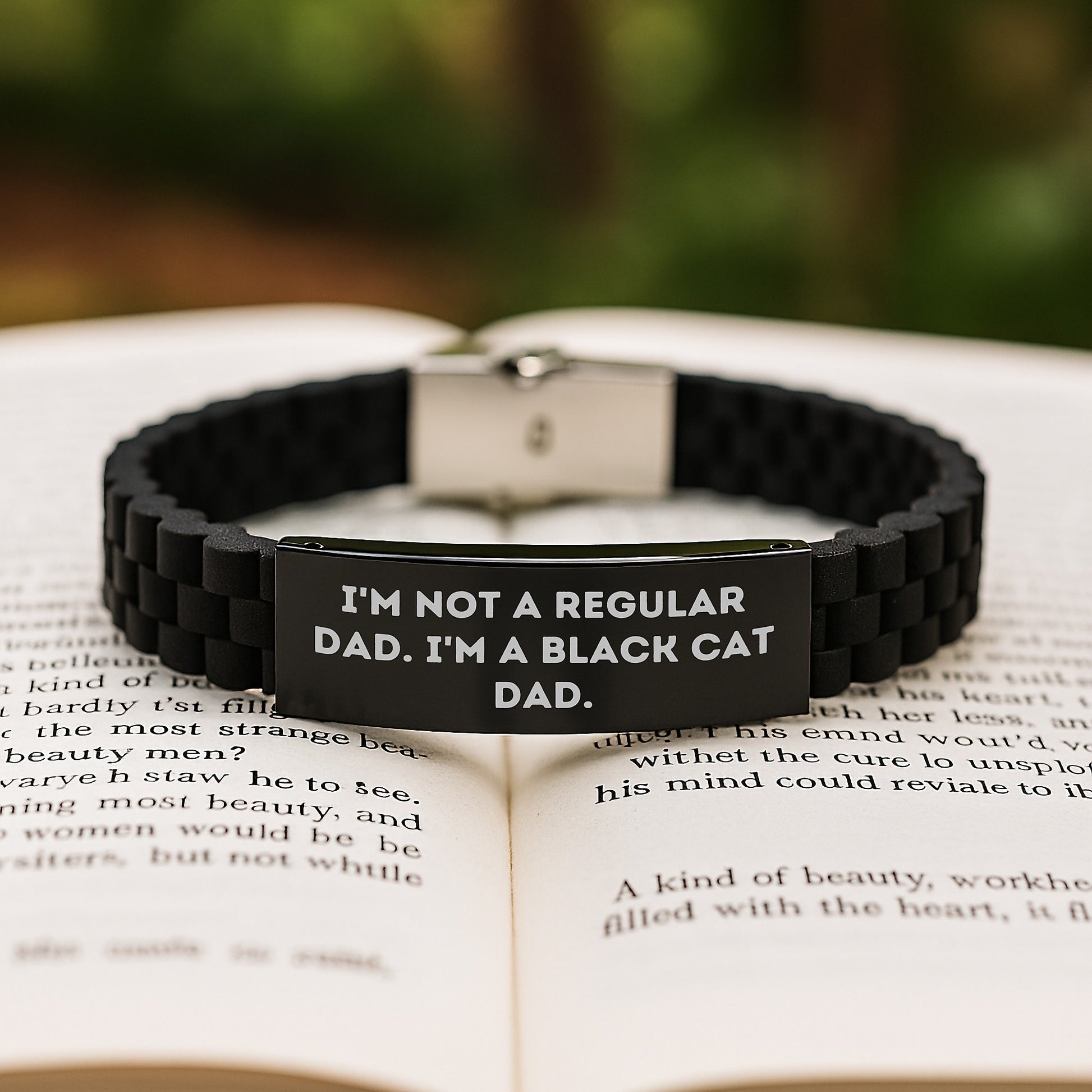 Funny Black Cat Dad Gift for Men - Glide lock Clasp Adjustable Silver Black Stainless Steel Silicone Black Cat Lover Graduation Unique Gifts from Dad to Son - Image 2