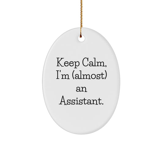 Funny Assistant Oval Ornament, 'Keep Calm, I'm (almost) An Assistant.' - Gifts from Friends to Assistants for Christmas - Image 1