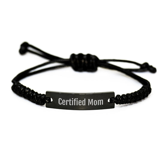 Funny Certified Mom Gifts from Family - Adjustable Rope Birthday Jewelry for Mom's Special Day, Engraved with 'Certified Mom' Quote, Black Stainless Steel and Interlaced Rope - Image 1