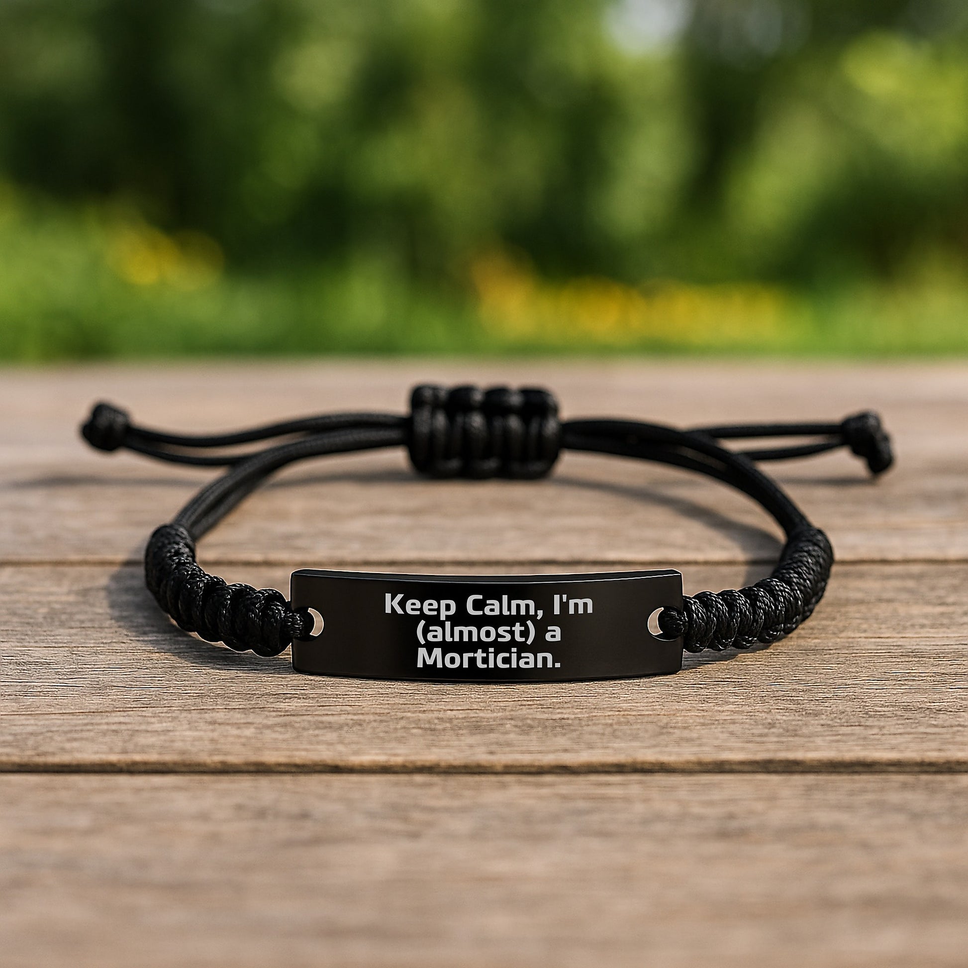Mortician Humor Gifts from Friends for Graduation Unique Rope Braceltes with 'Keep Calm, I'm (almost) A Mortician.' Quote, Adjustable Black Stainless Steel with Interlaced Rope - Image 2