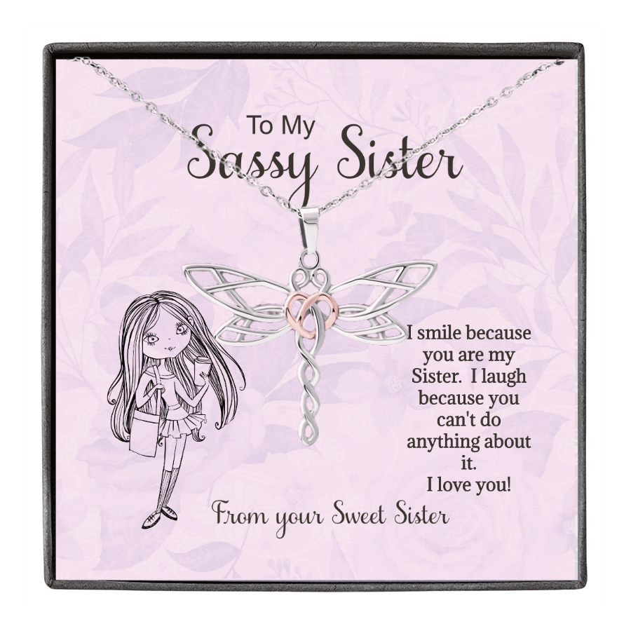 Sister Necklace Gift, I Smile Because You're My Sister, For Sister, Bonus Sister, Birthday, Valentines, Birthday, From Sister Bonus Sister, Dragonfly Rose Gold Heart