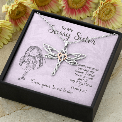 Sister Necklace Gift, I Smile Because You're My Sister, For Sister, Bonus Sister, Birthday, Valentines, Birthday, From Sister Bonus Sister, Dragonfly Rose Gold Heart